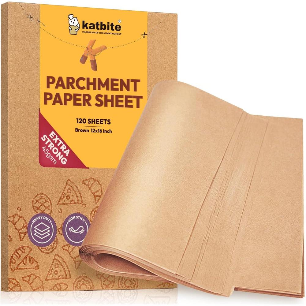 image:imageKatbite 120Pcs 8x12 inches Parchment Paper Sheets Heavy Duty Unbleached Baking Paper Precut Parchment Paper for Baking Air Fryer Grilling Steaming12x16120
