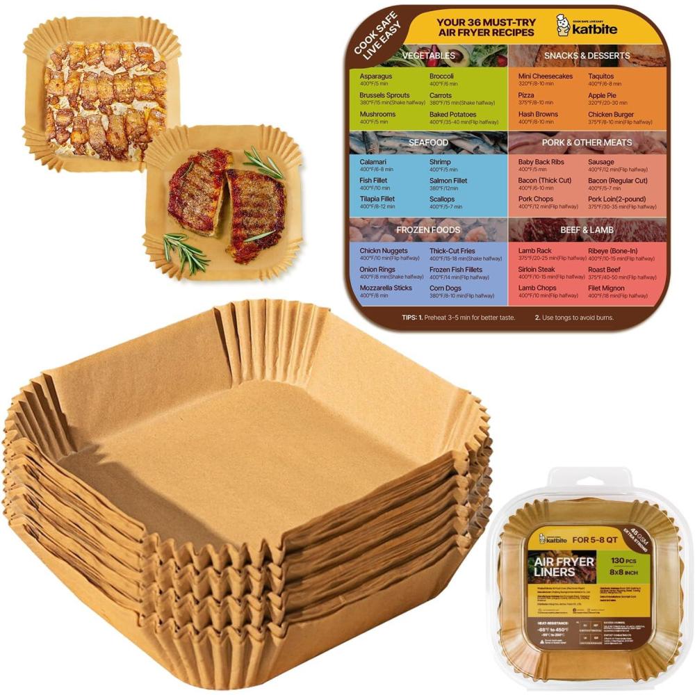 image:imageKatbite 220PCS DZ201 Air Fryer Liners Disposable 86x55 Rectangle Airfryer Paper Liners for Dual Air Fryer OilProof Parchment Paper for Foodi DZ401 FG5518Square with Recipe Fridge Magnet