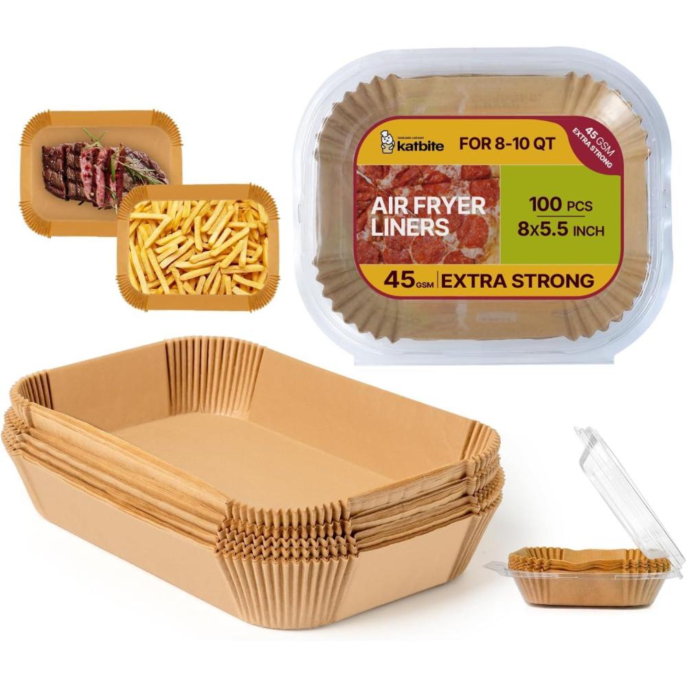 image:imageKatbite 220PCS DZ201 Air Fryer Liners Disposable 86x55 Rectangle Airfryer Paper Liners for Dual Air Fryer OilProof Parchment Paper for Foodi DZ401 FG5518x55 Rectangle Parchment Paper