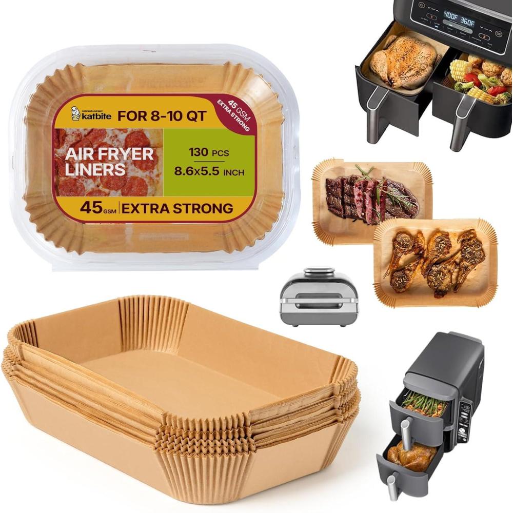 image:imageKatbite 220PCS DZ201 Air Fryer Liners Disposable 86x55 Rectangle Airfryer Paper Liners for Dual Air Fryer OilProof Parchment Paper for Foodi DZ401 FG55186x55 Rectangle  Parchment Paper