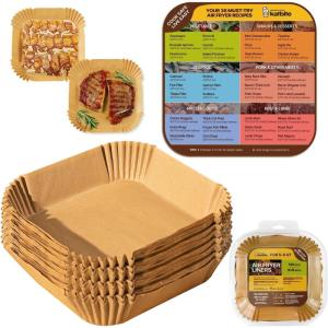 Katbite 220PCS DZ201 Air Fryer Liners Disposable, 8.6×5.5” Rectangle Airfryer Paper Liners for Dual Air Fryer, Oil-Proof Parchment Paper for Foodi DZ401, FG551(8″Square with Recipe Fridge Magnet)