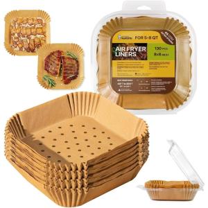 Katbite 220PCS DZ201 Air Fryer Liners Disposable, 8.6×5.5” Rectangle Airfryer Paper Liners for Dual Air Fryer, Oil-Proof Parchment Paper for Foodi DZ401, FG551(8″ Square – Perforated Parchment Paper)