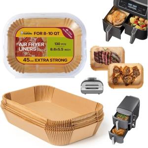 Katbite 220PCS DZ201 Air Fryer Liners Disposable, 8.6×5.5” Rectangle Airfryer Paper Liners for Dual Air Fryer, Oil-Proof Parchment Paper for Foodi DZ401, FG551(8.6×5.5″ Rectangle – Parchment Paper)