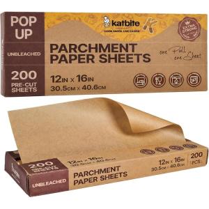 katbite 135Pcs 45 gsm Pop-Up Parchment Paper Sheets, Heavy Duty & Non-stick,10×15 In Pre-cut Unbleached Parchment Paper for Baking, Pop-Up Paper Dispenser for Cooking Wrapping Space-saving(12×16 In-200Pcs)