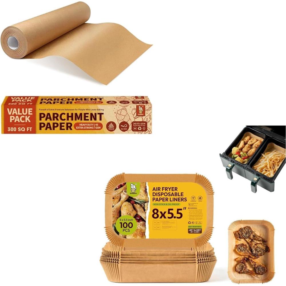 image:imageKatbite 15in x 242ft Unbleached Parchment Paper Roll amp 100PCS Air Fryer Liners Disposable 8x55