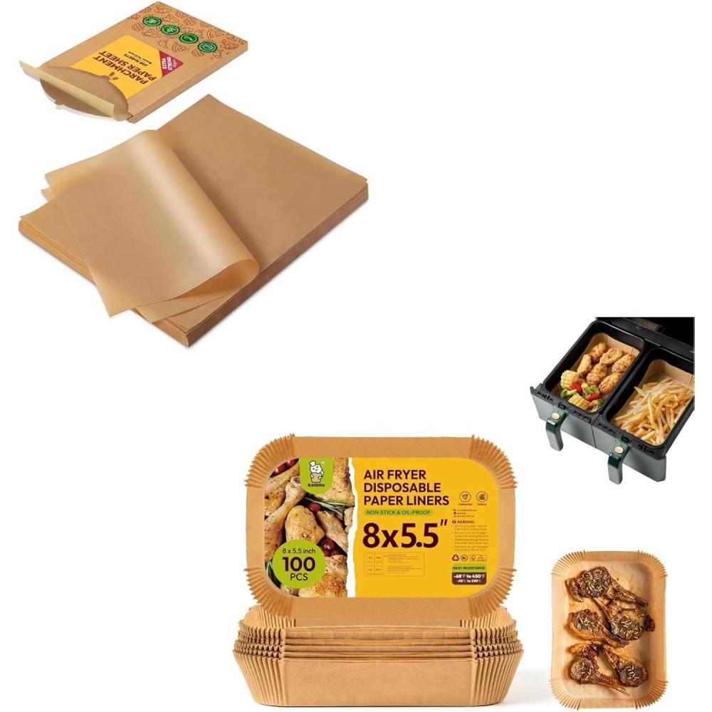 image:imageKatbite 200Pcs 9x13 inch Heavy Duty Unbleached Parchment Paper amp Katbite 100PCS Air Fryer Liners Disposable 8x55