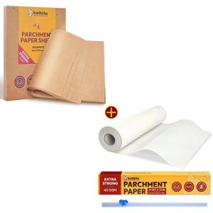 Katbite 205 SQ FT Heavy Duty 15inch Parchment Paper Roll & 200Pcs 12×16 In Unbleached Parchment Paper for Baking
