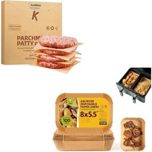 Katbite 300Pcs 6×6 Inches Patty Paper, Burger Patty Paper, & Katbite 100PCS Air Fryer Liners Disposable, 8×5.5”